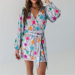 Show Me Your MuMu Silver Sequin rainbow Star Mini Dress